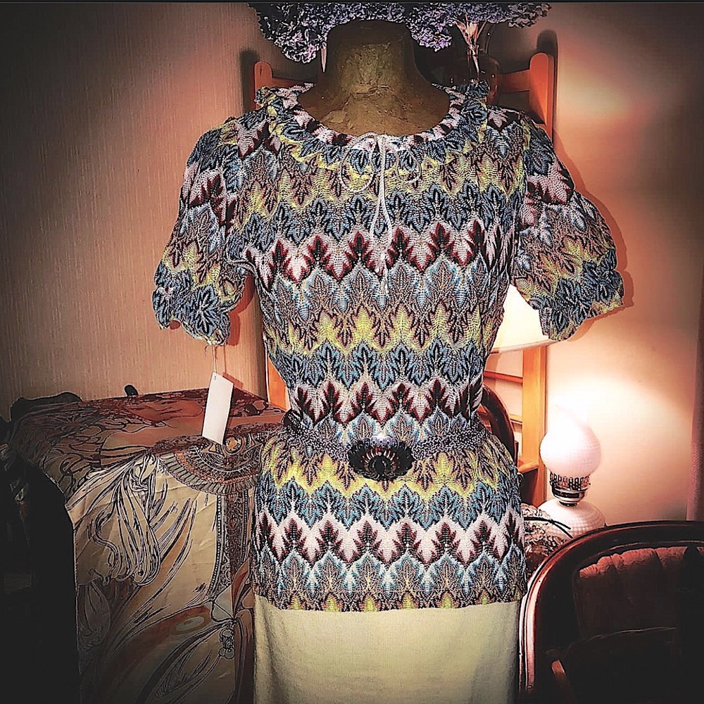 Vintage 60’s- Helen Sue - original tags!, crochet knit, ruffled puff sleeves